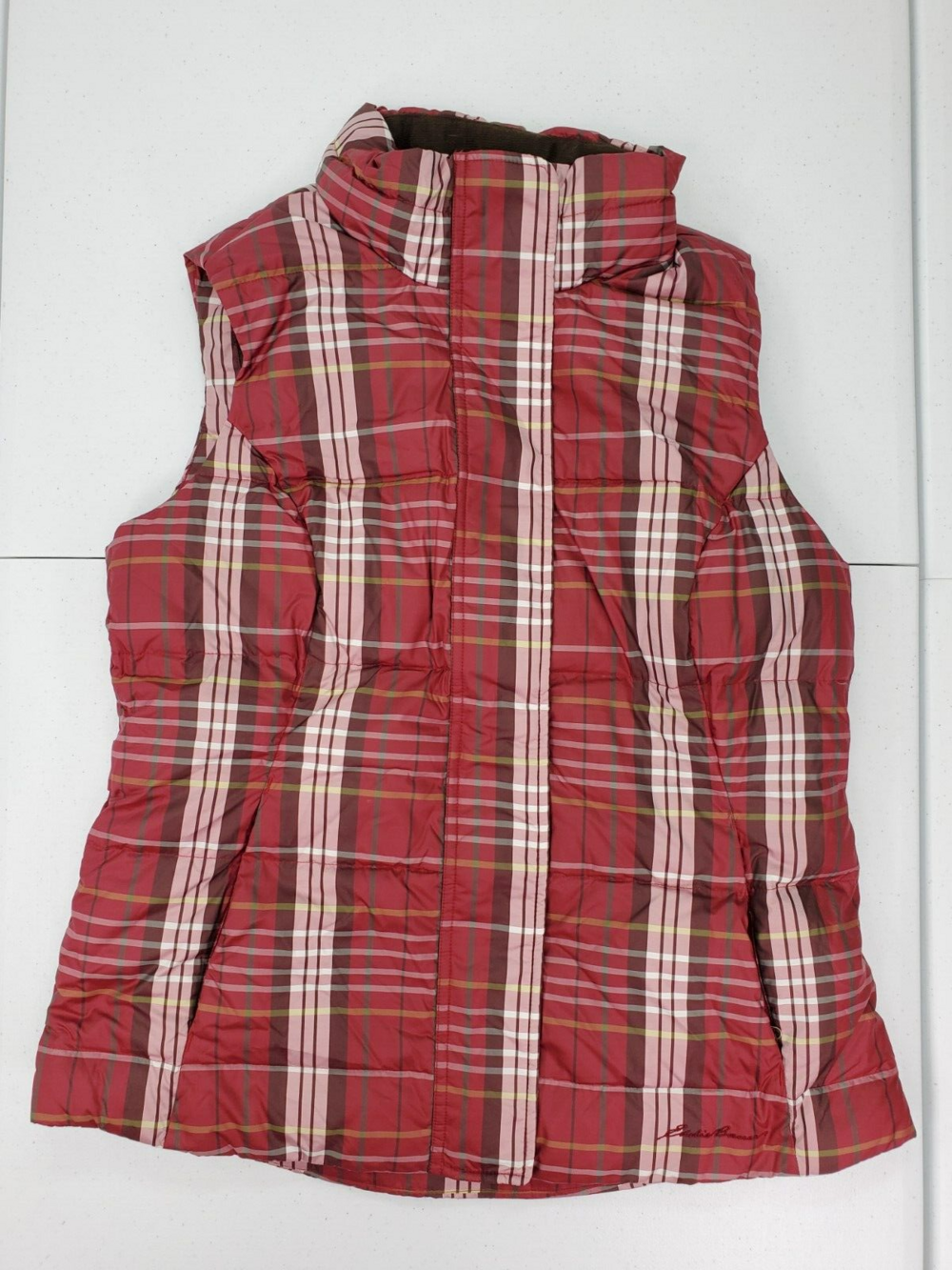 EDDIE BAUER PREMIUM GOOSE DOWN PLAID QUILTED PUFFER VEST WOMEN M USED RED/BROWN